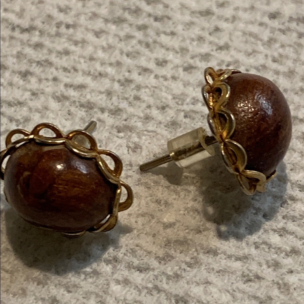 Vintage Earrings - Wood Brass Studs - Pierced - 1970s